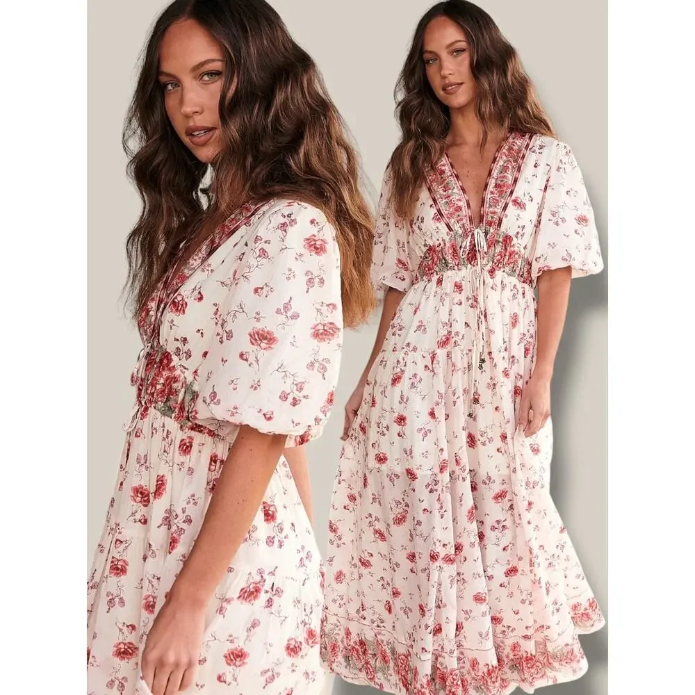 Free People Dainty Ethereal Cottage Floral Lysette Maxi Dress Medium Bohemian - Picture 8 of 15